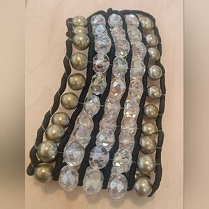 Crystal and Antiqued Gold Bead Multi-Row Bracelet - Women Jewelry